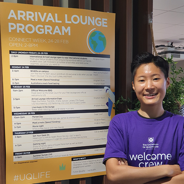 Lynn in the International Arrival Lounge during Welcome Weeks