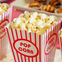 Popcorn in a red and white striped box