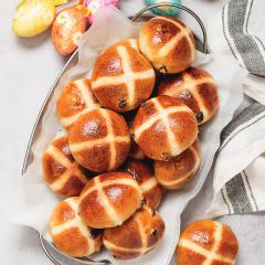 Hot cross buns on a baking pan