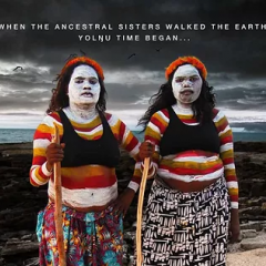 Film poster for First Nations film titled, "Djäkamirr". Image depicts two indigenous women in traditional paint standing next to each other and looking forward with serious expressions.