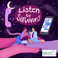 Drawing of two small people sitting on large hand and engaged in conversation, with "Listen to survivors" written inside a speech bubble come out of a telephone receiver. 